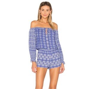 SAYLOR Sarah Blue and White Off-Shoulder Romper